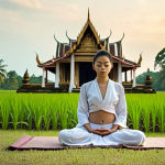 **

A person meditating outdoors in a serene Thai landscape (e.g., temple, rice field, beach) with focus on their breath. Soft, natural lighting. Emphasize the feeling of calm and mindfulness.

**