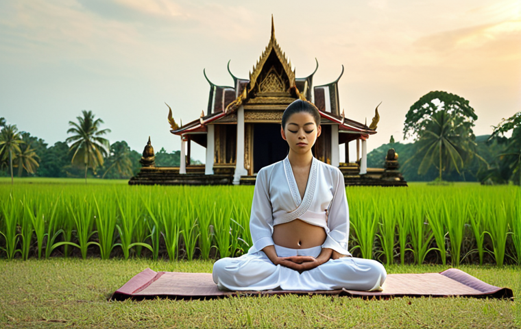 **

A person meditating outdoors in a serene Thai landscape (e.g., temple, rice field, beach) with focus on their breath. Soft, natural lighting. Emphasize the feeling of calm and mindfulness.

**